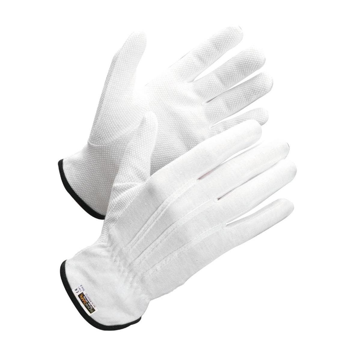 Vit arbetsvante med noppor och svart kant, avsedd för säkerhetsarbete