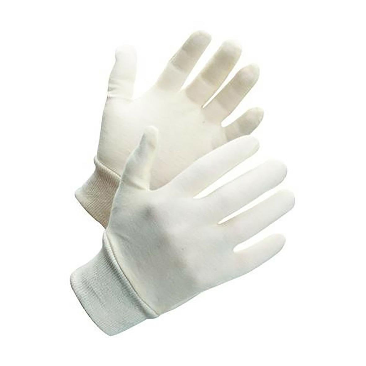 Par vita handskar av tyg och latex, placerade mot en vit bakgrund