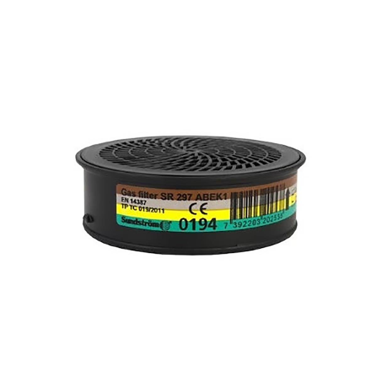 Svart gasfilter Sundström SR 297 ABEK1 med etikett och barcode
