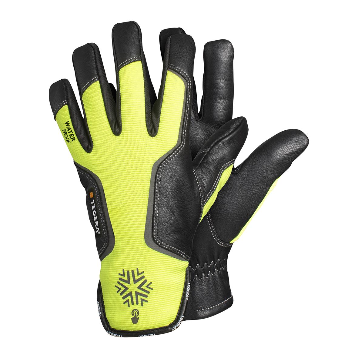 Väldigt sportig handskar i svart och neon gul färg med grepp och vaddering för utomhusaktiviteter