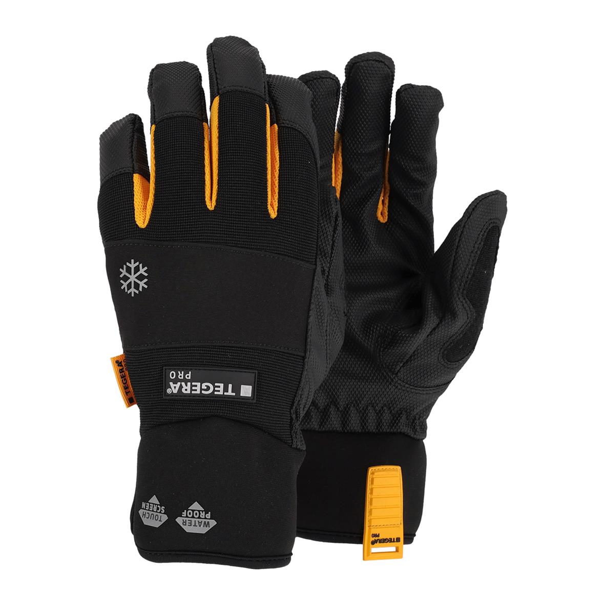 Svarta vinterhandskar Tegera 9130 med orange detaljer och vaddering för extra värme och skydd