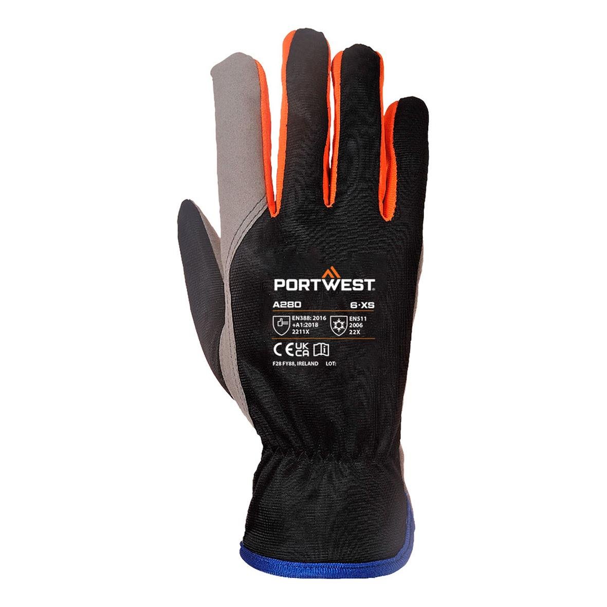 Vänsterhandske av sportmaterial med svart, grå, röd och gul färgdetaljer, märkt PORTWEST