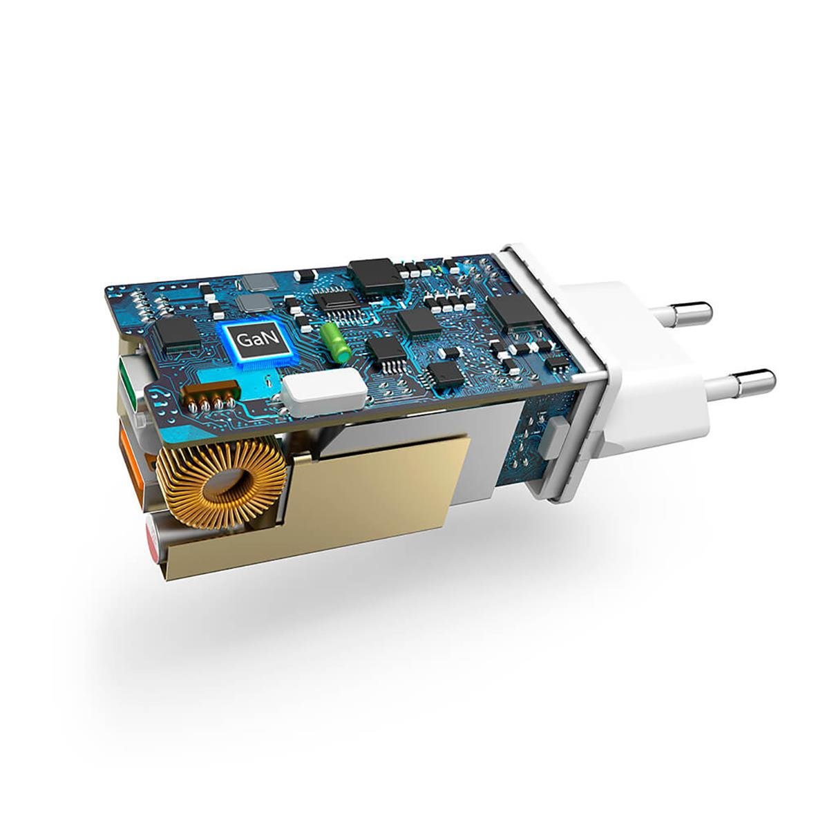 Väggladdare Hama GaN PD 65W med USB-C och USB-A-port, inuti en elektronisk krets