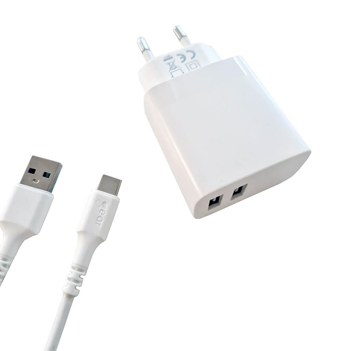 Väggladdare med 2 USB-A-portar och ett USB-C till USB-A-kabel, 1 meter lång, vit färg