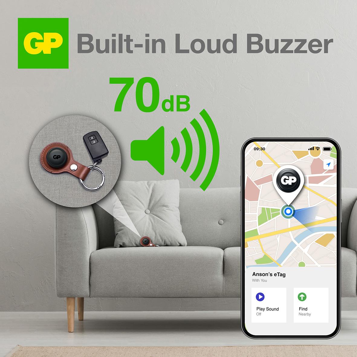 Smart Tracker GP eTag svart med inbyggd ljudsignal på 70 dB och app för att hitta föremål