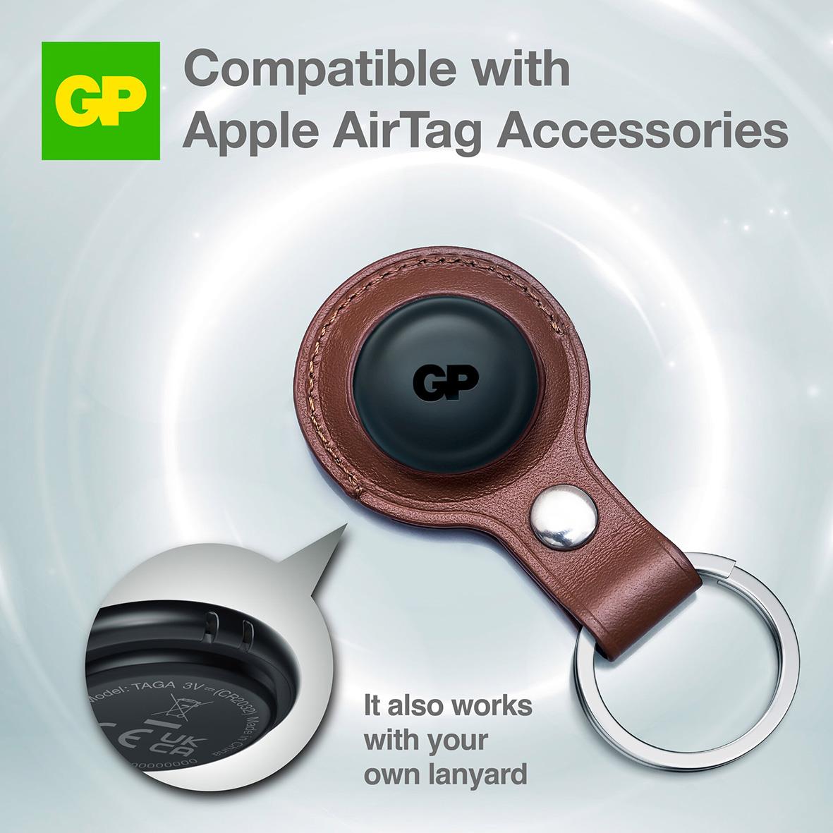 Svart Smart Tracker GP eTag med läderfodral och nyckelring, kompatibel med Apple AirTag och egen lanyard
