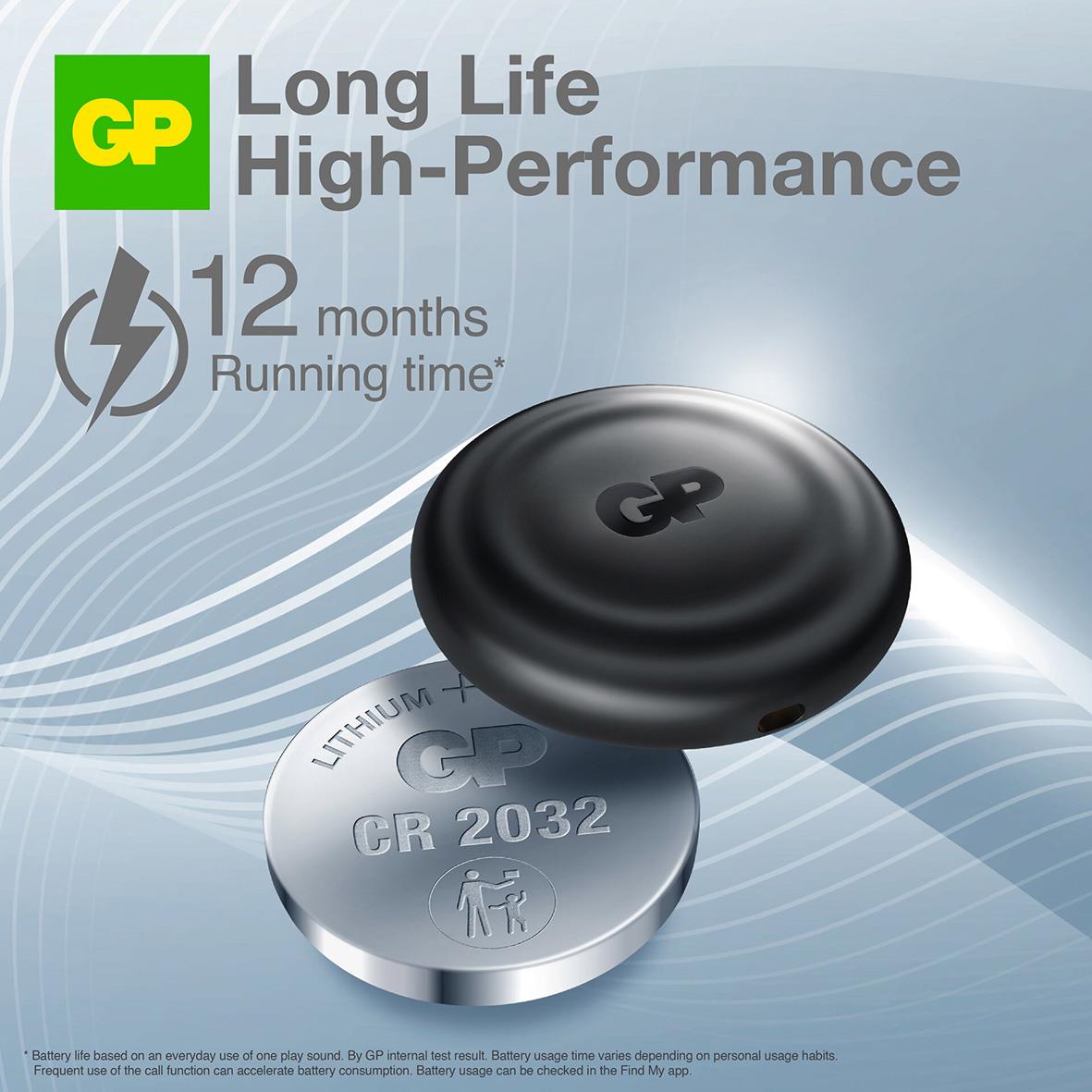 Svart GP Smart Tracker eTag med lång batteritid och 12 månaders drifttid, rund och kompakt design
