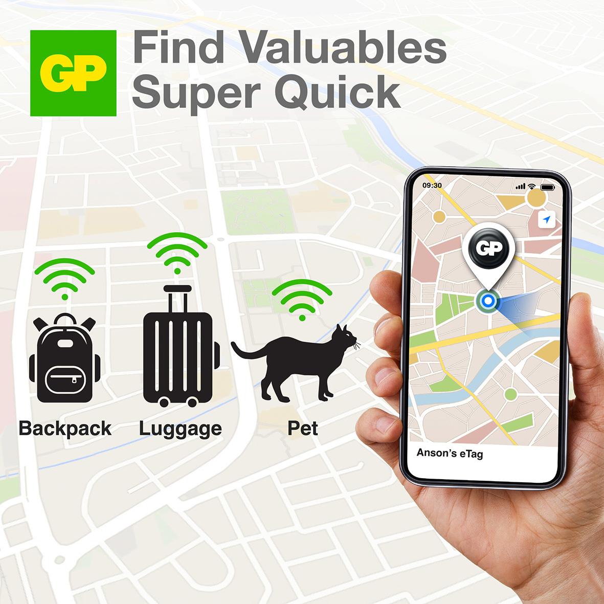 Smart tracker GP eTag svart visar hur man hittar värdefulla saker som ryggsäck, bagage och husdjur med en smartphone och GPS
