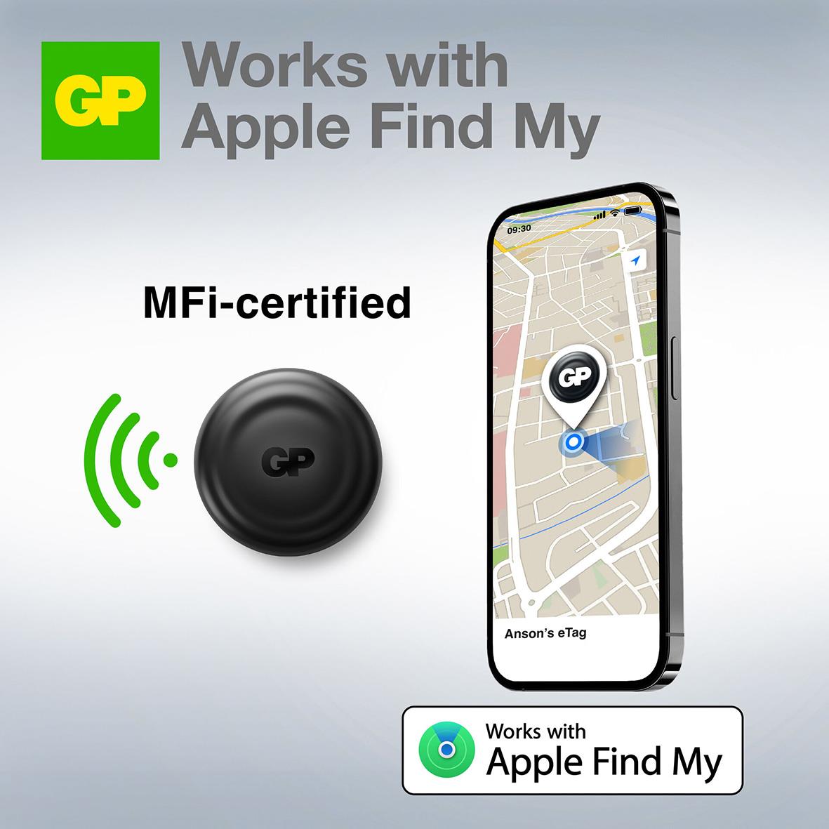 Svart GPS-tracker med Apple Find My-kompatibilitet och karta på smartphone