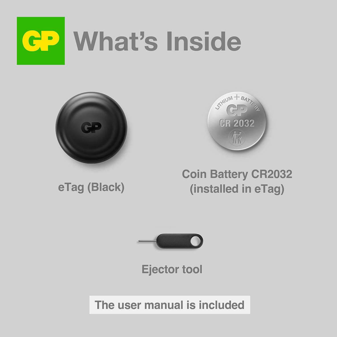 Svart eTag med batteri, ejectorverktyg och användarmanual