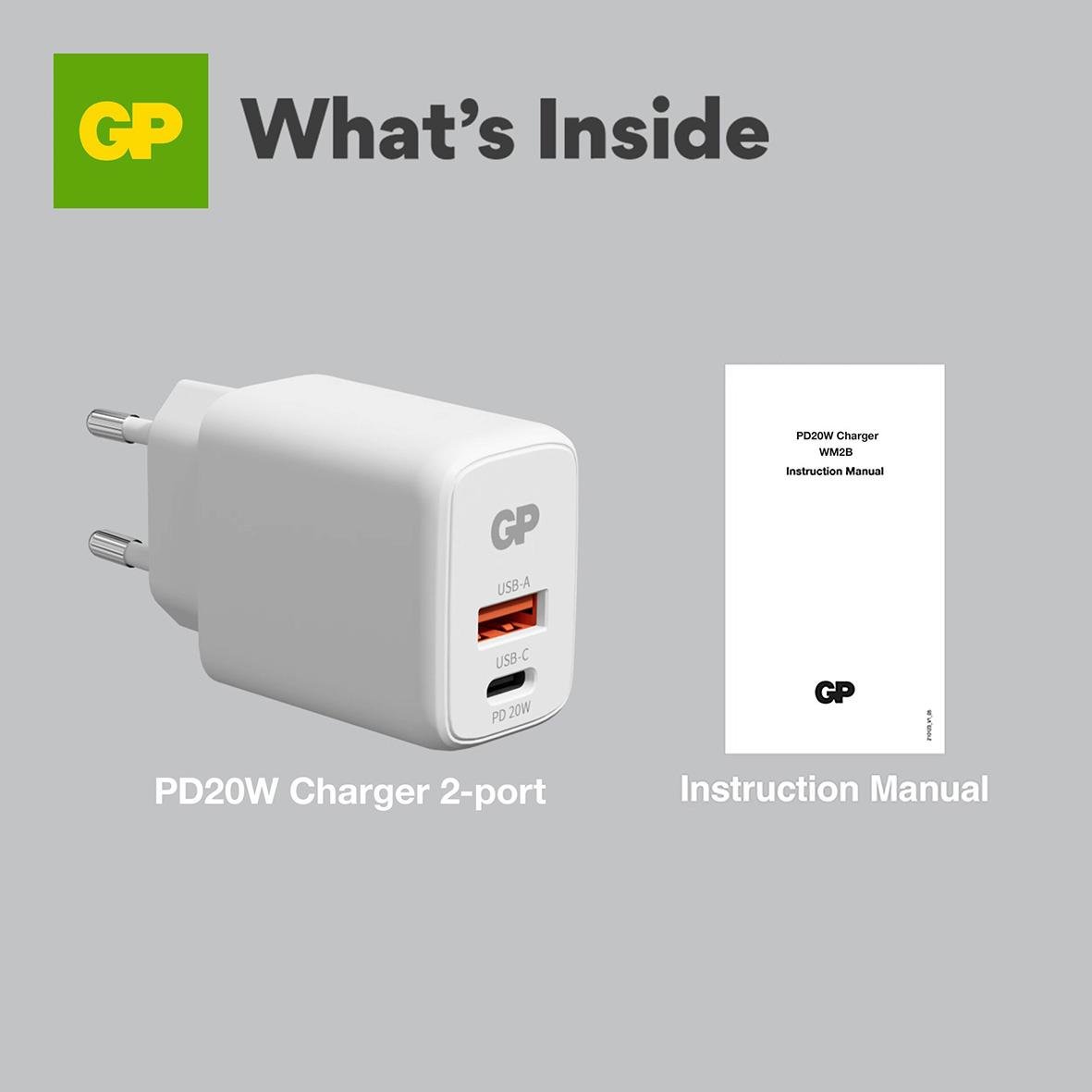Väggladdare GP WM2B PD 20W med USB-A och USB-C-port samt instruktion manual