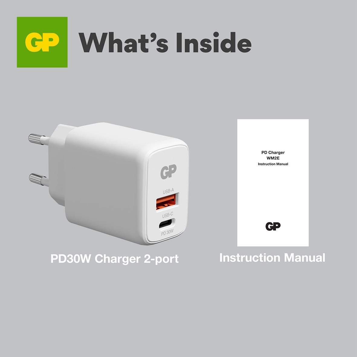 Väggladdare GP WM2E PD 30W med 2 USB-C och 1 USB-A-port samt manual