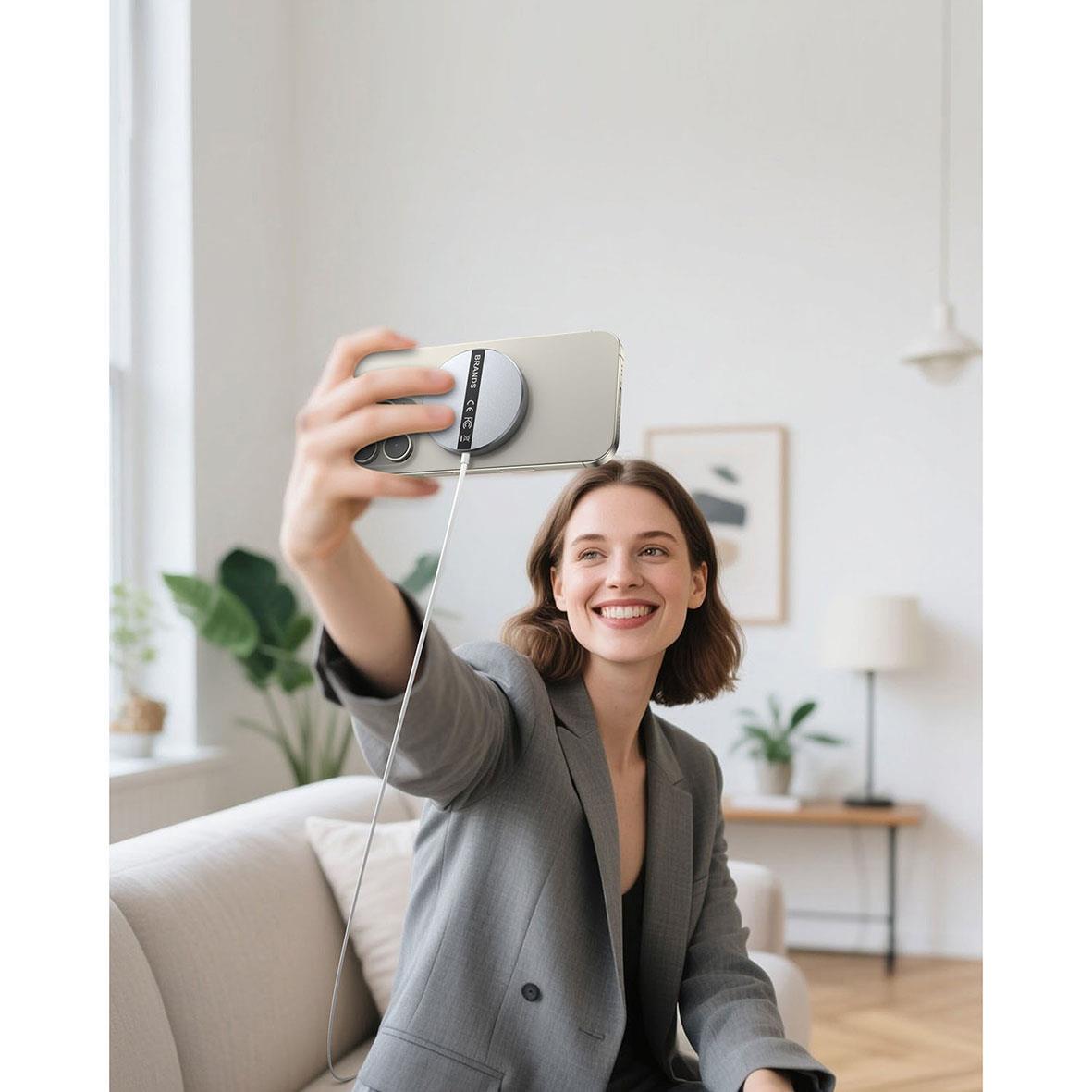 Kvinna tar en selfie med trådlös Qi2 snabbladdare på mobilen i ett vardagsrum