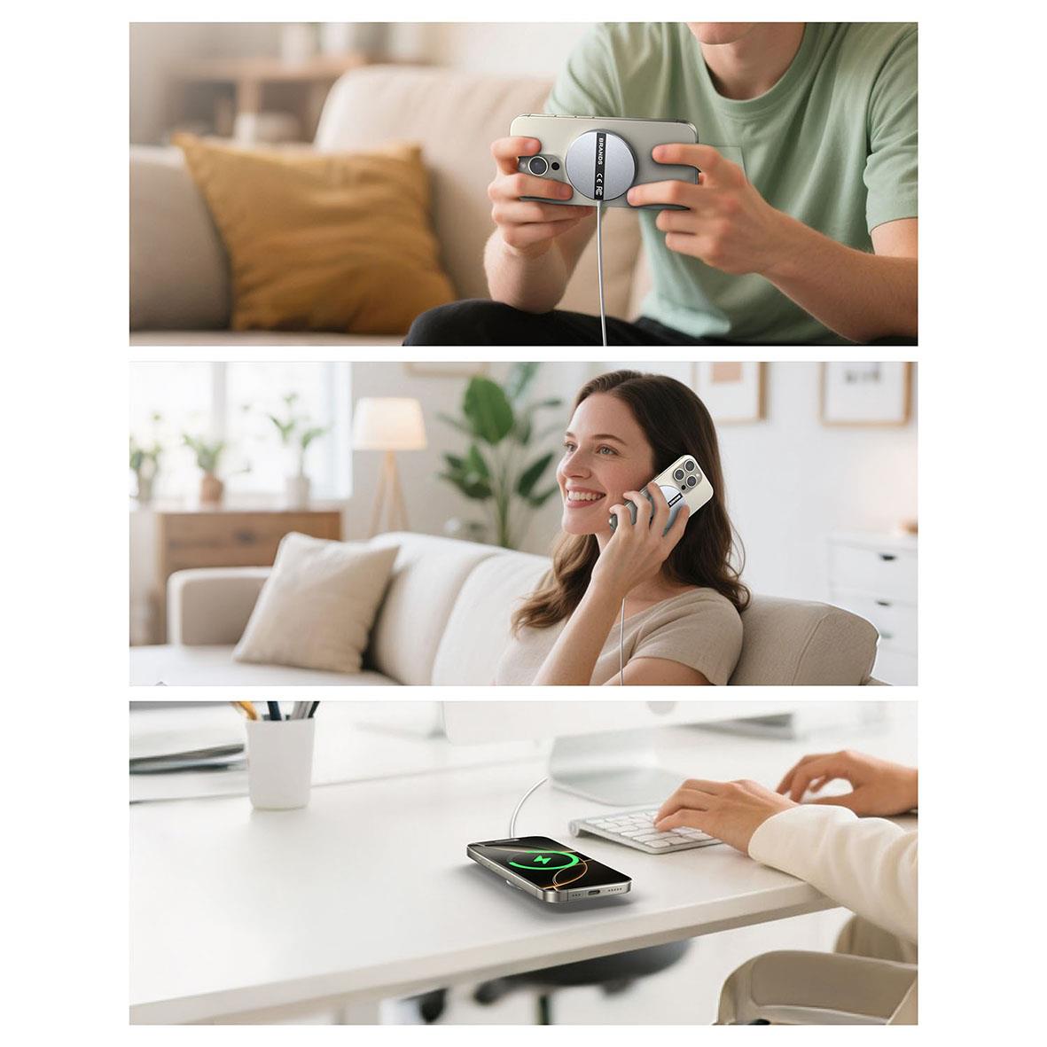 Tre bilder visar trådlösa laddare och personer som använder dem för att ladda sina enheter hemma och på kontoret