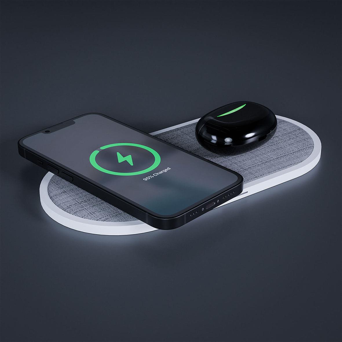 Trådlös dubbel mobilladdare med 2x10W och indikatorlampor på en matta