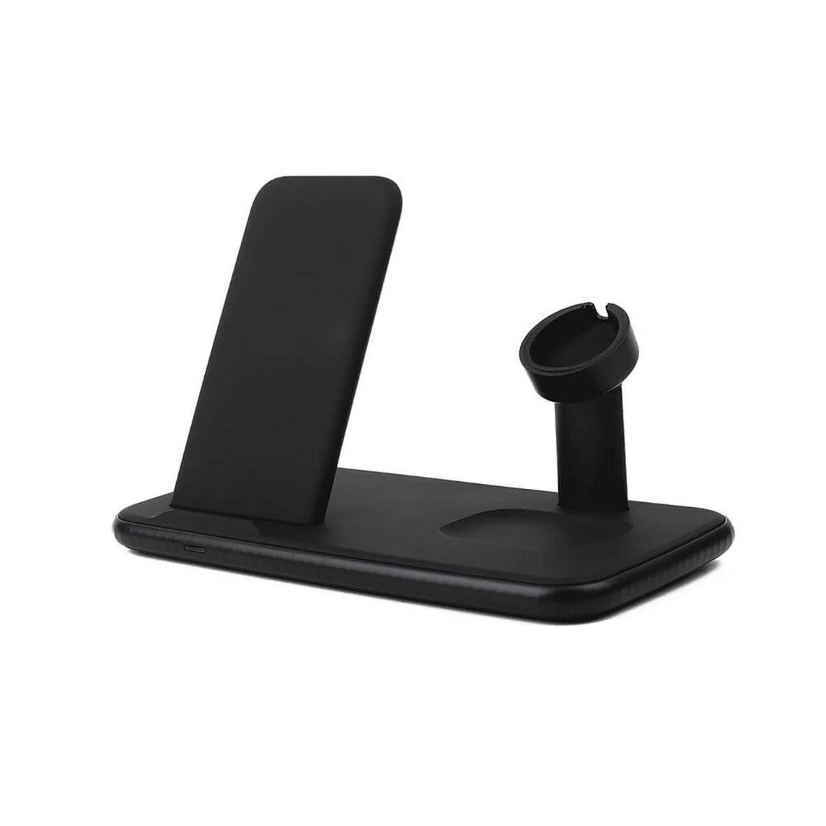 Svart trådlös laddningsstation med plats för telefon och hörlurar