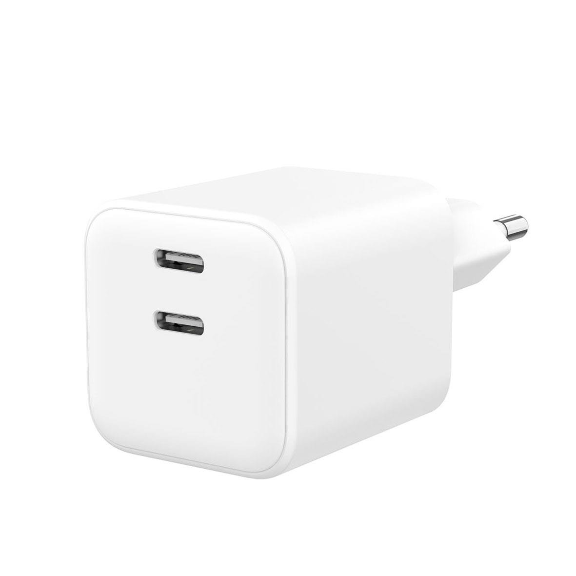 Väggladdare i vitt med 2 USB-C-portar för snabb laddning 65W