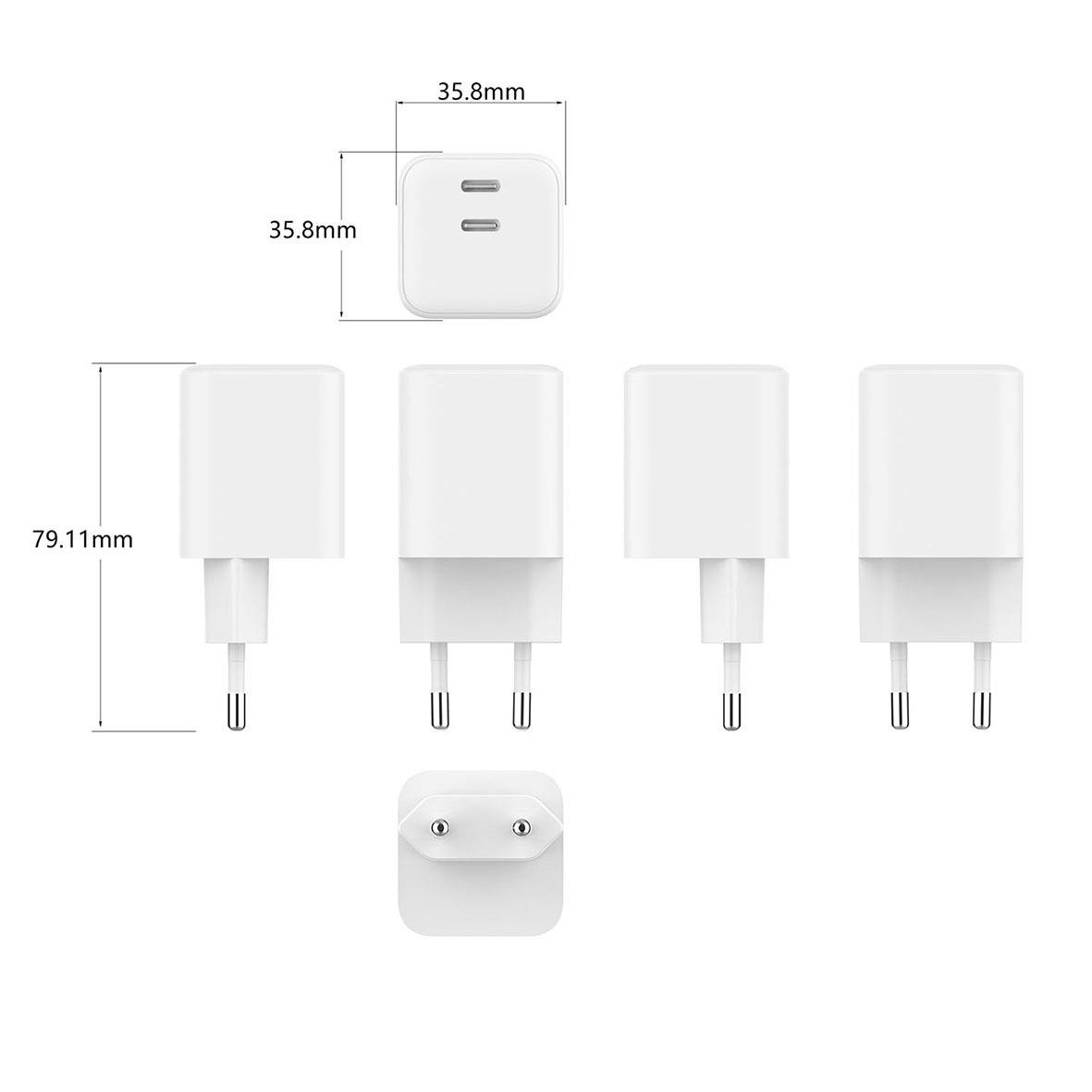 Väggladdare med 2 USB-C-portar, PD/PPS 65W, vit, med mått på 35.8mm x 35.8mm x 79.11mm