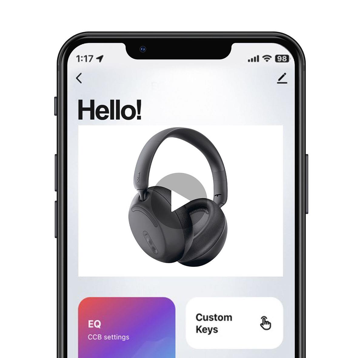 Svarta trådlösa Mixx Over-Ear StreamQ D2 hörlurar på mobilskärm