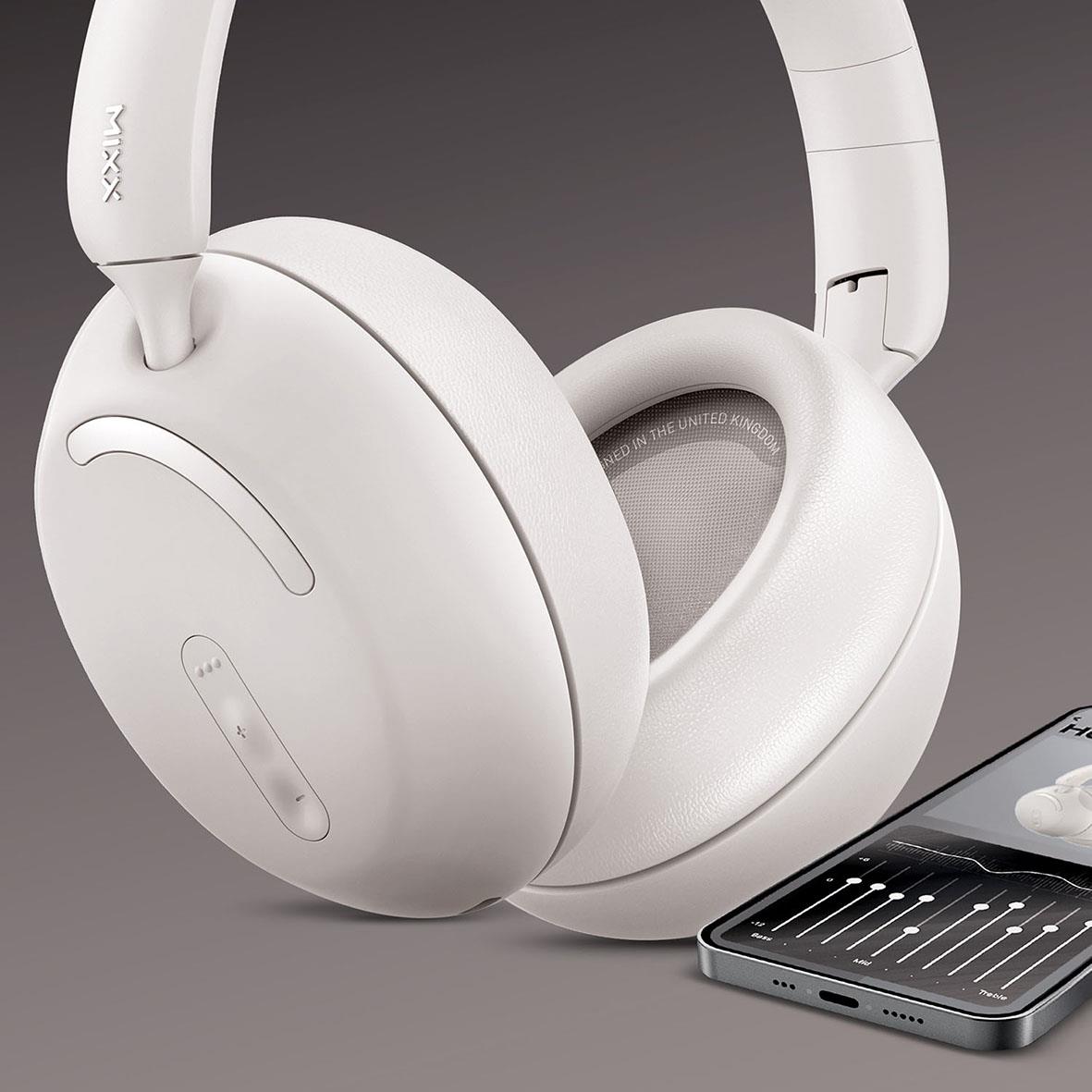 Hörlurar Mixx Over-Ear Trådlös StreamQ D2 Sand, vita over-ear hörlurar med kontrollpanel och smartphone