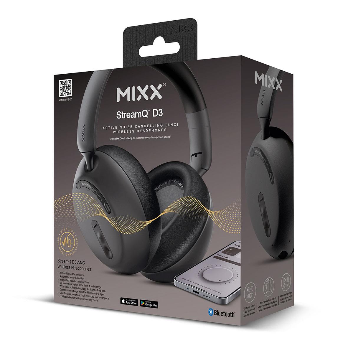 Svarta trådlösa Mixx Over-Ear StreamQ D3 ANC hörlurar i förpackning