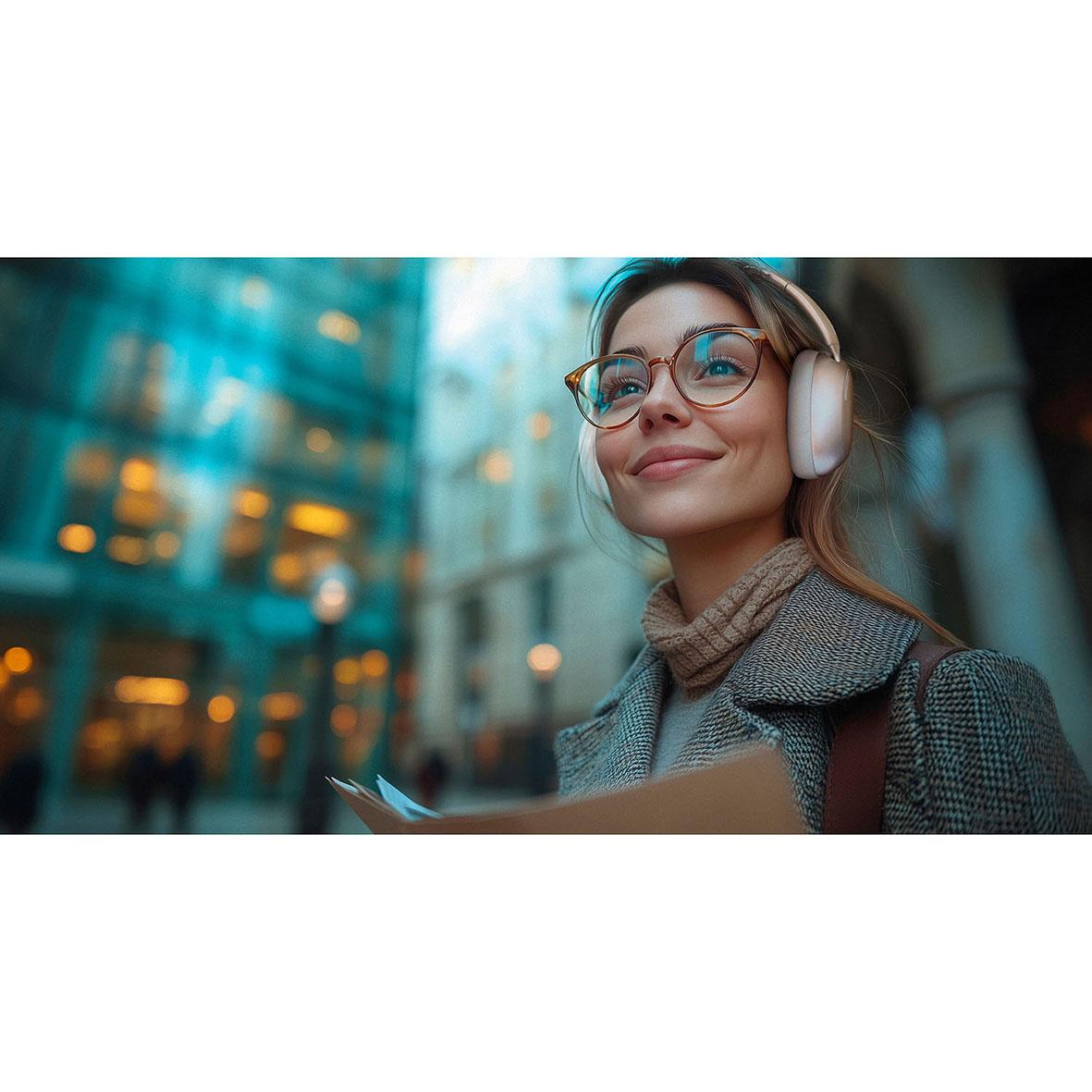 Kvinna med glasögon och hörlurar som lyssnar på musik på stadsgata