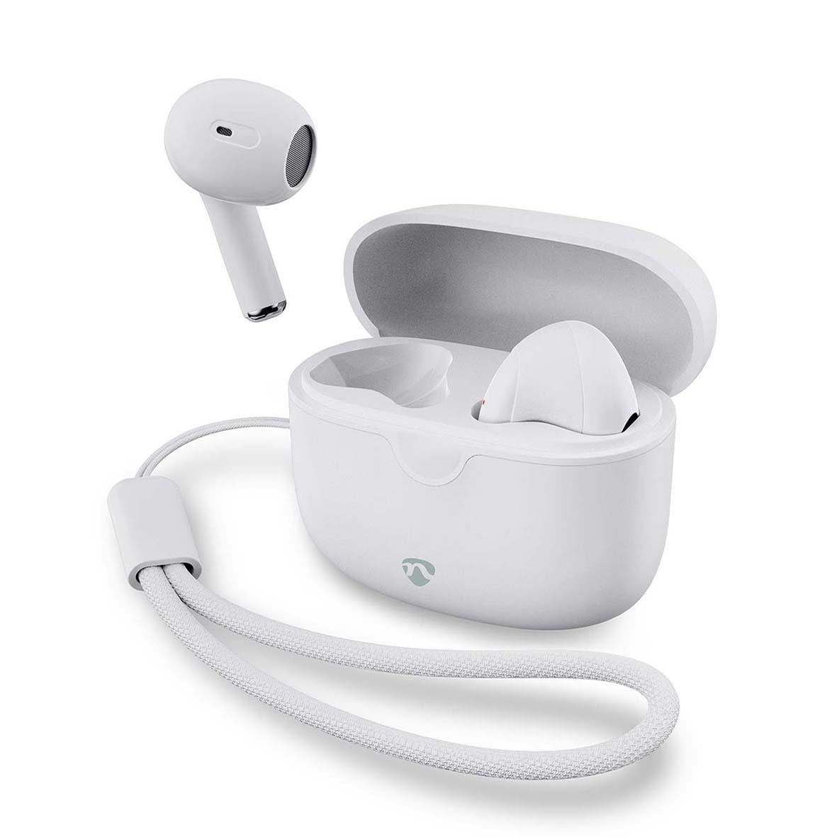 Trådlösa in-ear hörlurar från Nedis i vitt med laddningsetui och binda
