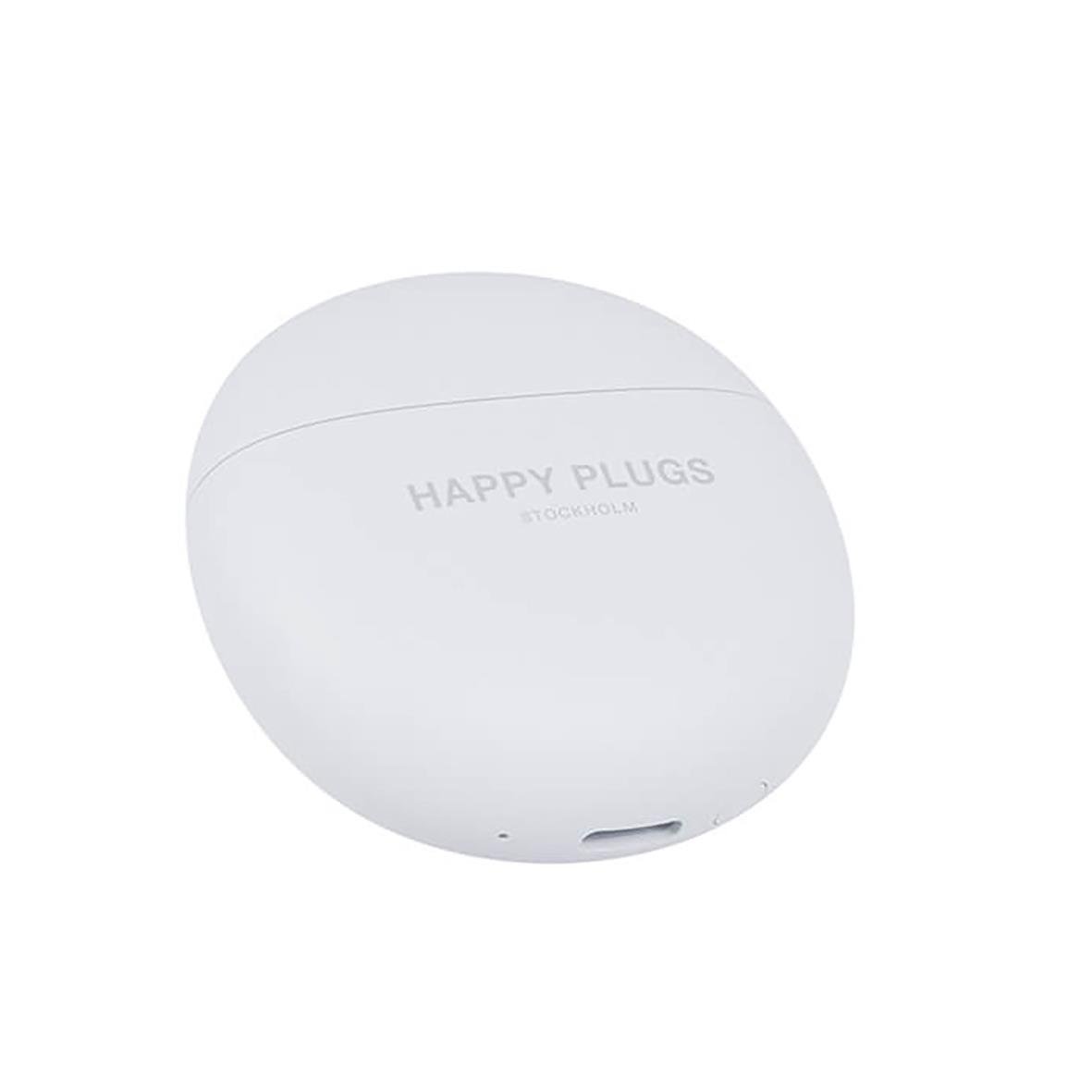 Vit trådlösa hörlurar Happy Plugs Joy Lite i ett runt fodral
