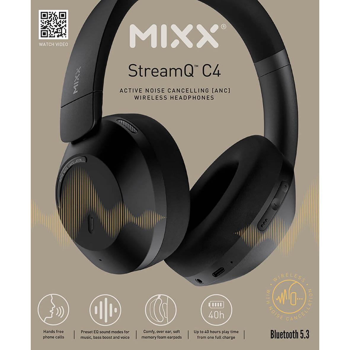 Svarta Mixx StreamQ C4 trådlösa over-ear hörlurar med aktiv brusreducering och Bluetooth 5.3