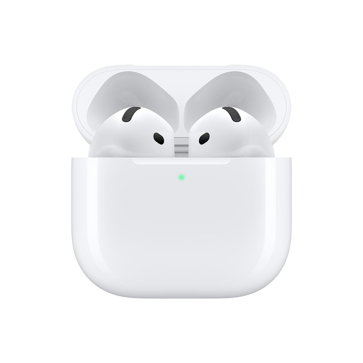 Apple AirPods 4 med laddningsetui i vitt, öppnat för att visa hörlurarna