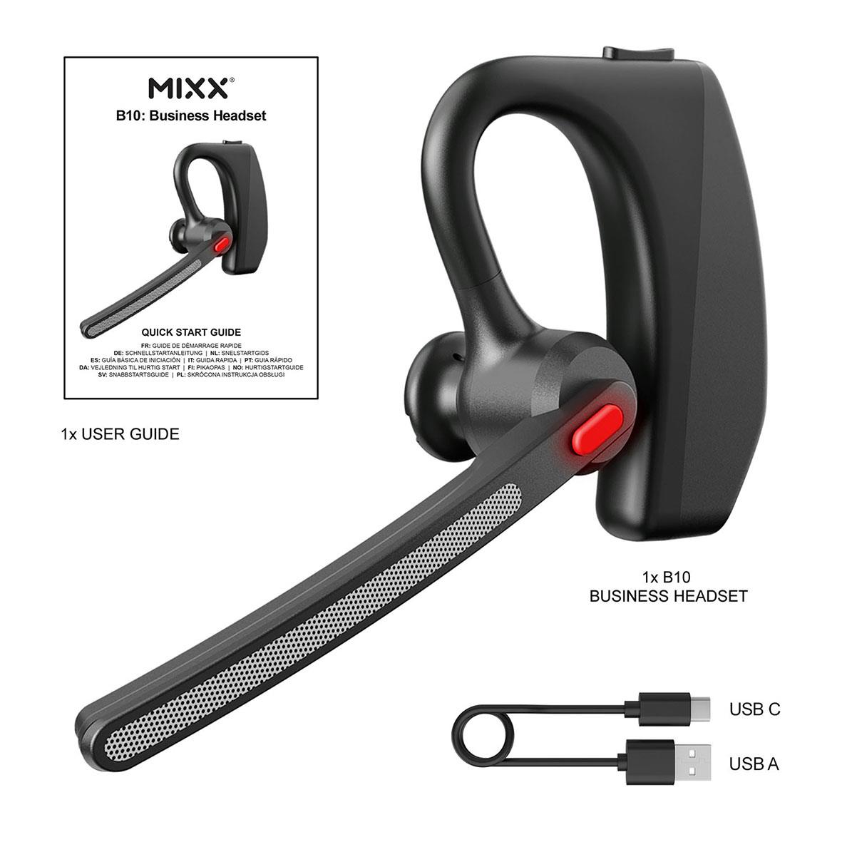 Svart headset med mikrofon och USB-C-anslutning, inklusive användarguide och snabbstartguide