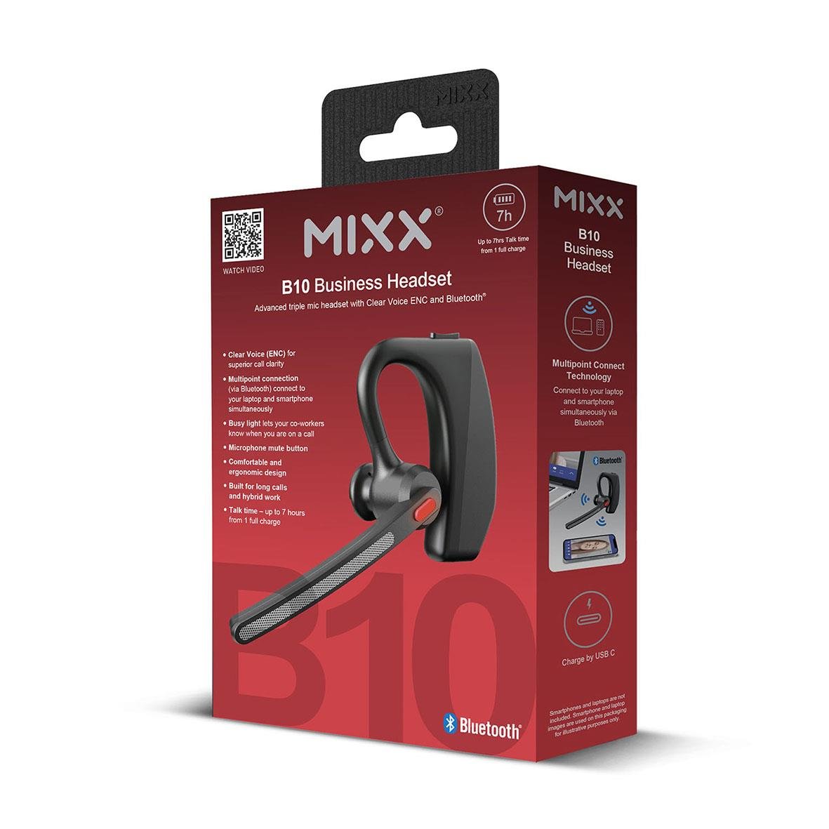 Mikrofon-Headset Mixx Mono B10 i svart med böjd mikrofon och Bluetooth-ikon på förpackningen