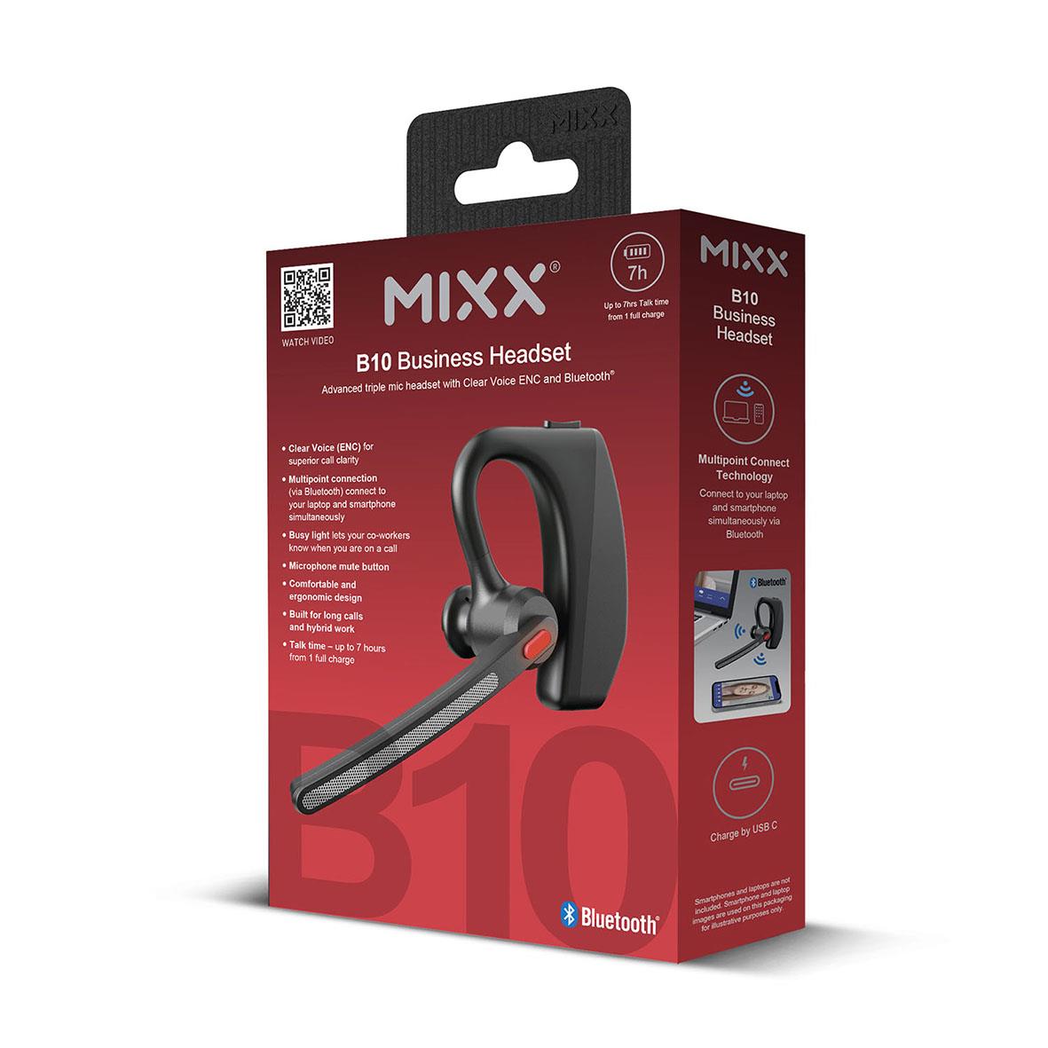 Mikrofon-Headset Mixx Mono B10 i svart med böjd mikrofon och Bluetooth-ikon på förpackningen