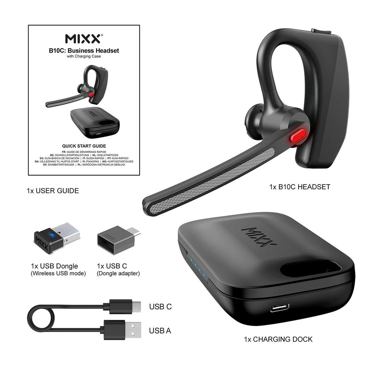 Headset Mixx Mono B10c med laddningsfodral, dongel och UC Teams-anslutning