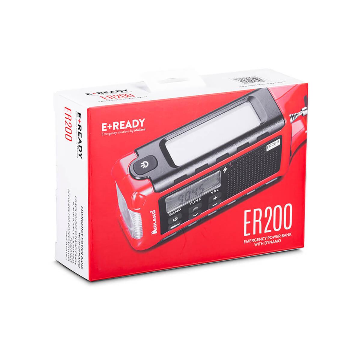 Nödradio Midland ER200 med ficklampa och powerbank i röd och svart förpackning