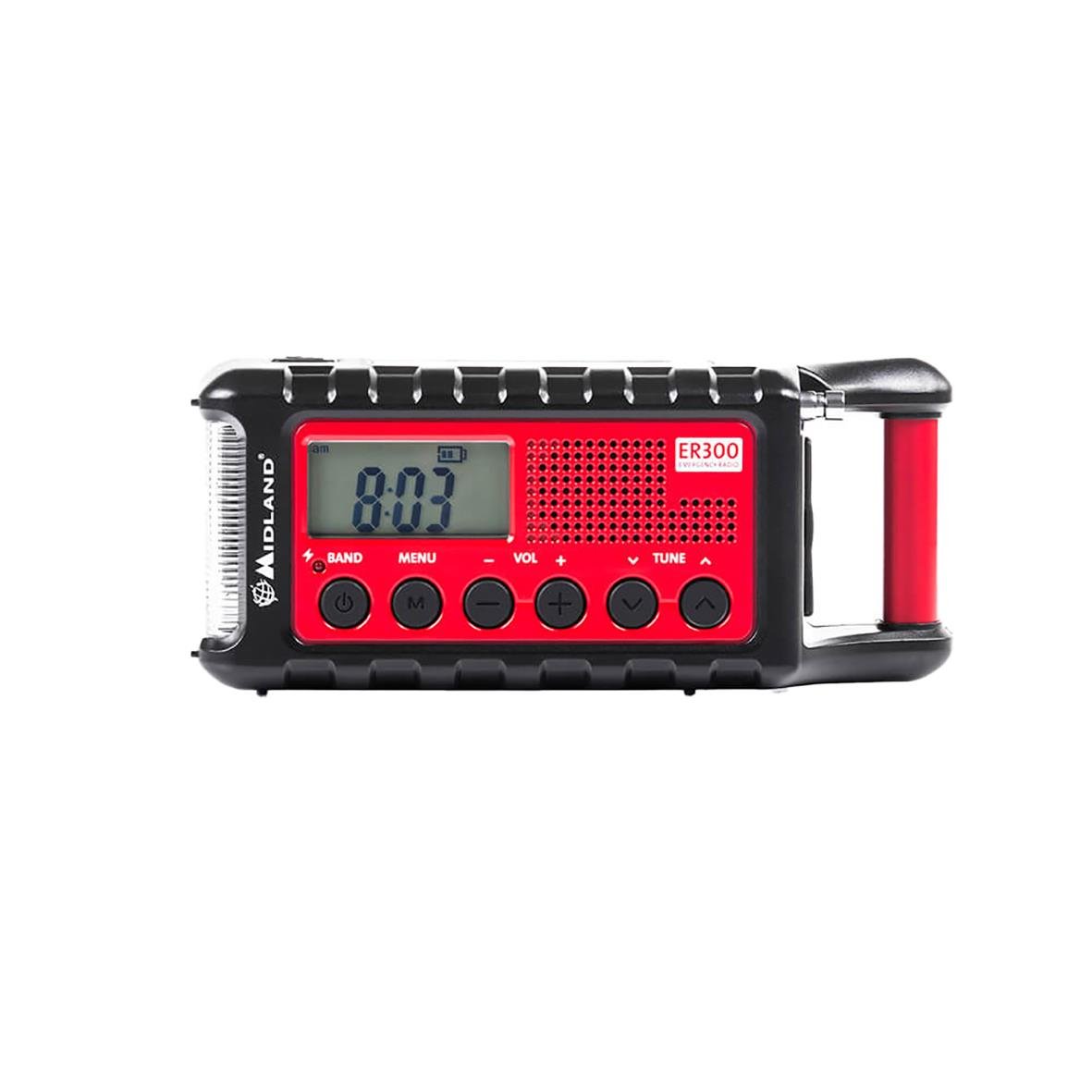 Nödradio Midland ER300 med ficklampa och powerbank i svart och rött