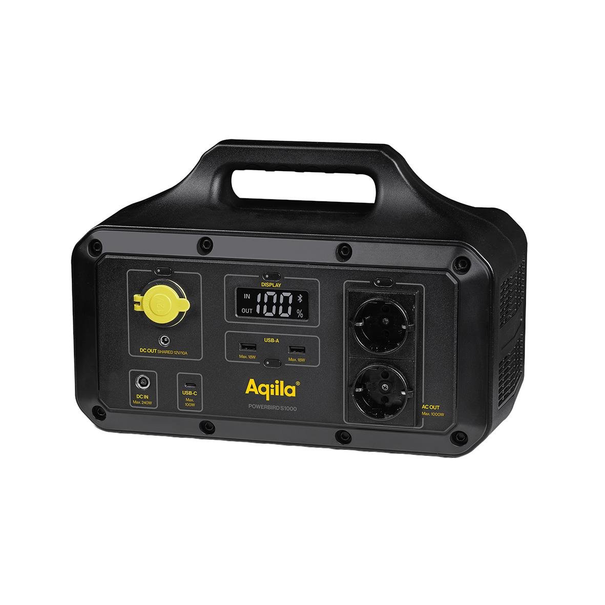 Powerstation Aqila Powerbird S1000 med 768Wh och 1000W, svart, bärbar design med digital display och olika utgångar