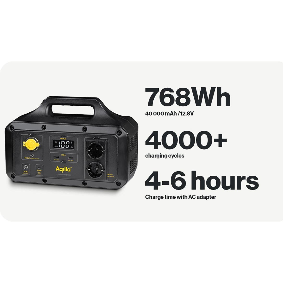 Powerstation Aqiila Powerbird S1000 med 768Wh, 1000W, 4000+ laddningscykler och 4-6 timmars laddningstid