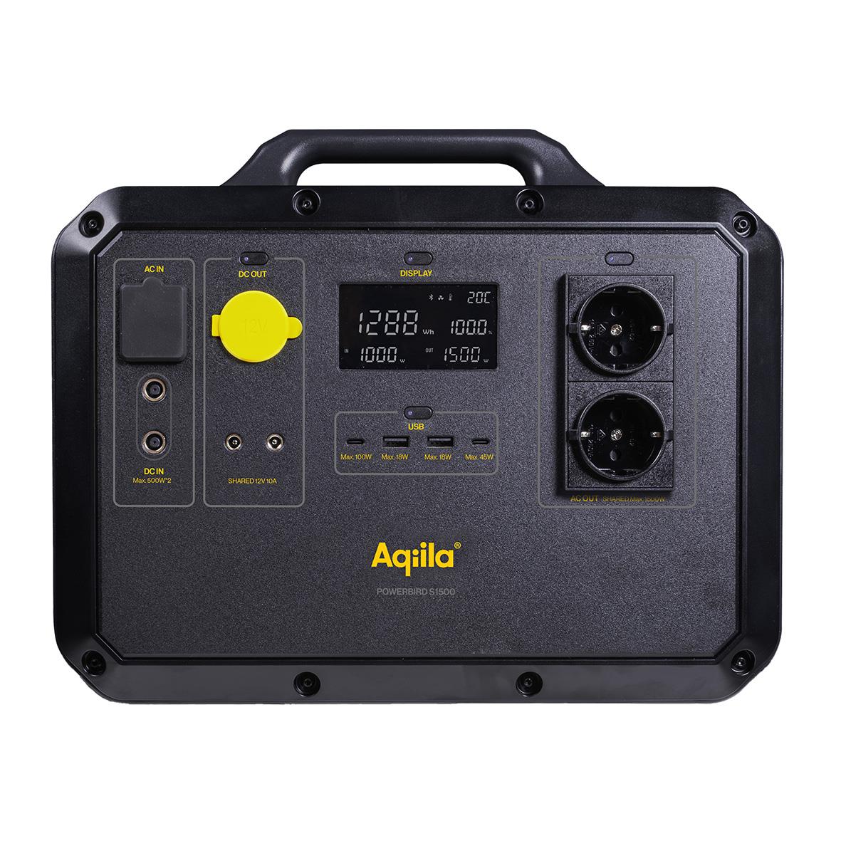 Powerstation Aqiila Powerbird S1500 med 1568Wh och 1500W, portabel energikälla med flera uttag och display