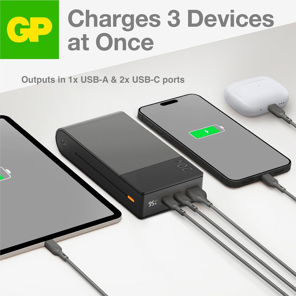 Powerbank GP M2+ 20000mAh i grå färg laddar tre enheter samtidigt med USB-A och USB-C portar