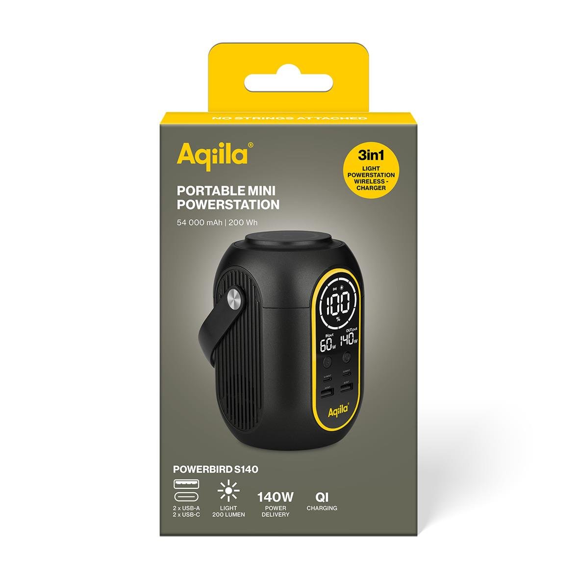 Powerstation Aqiila Powerbird S140 54000 mAh 200Wh i svart och gult, förpackning med produktbild