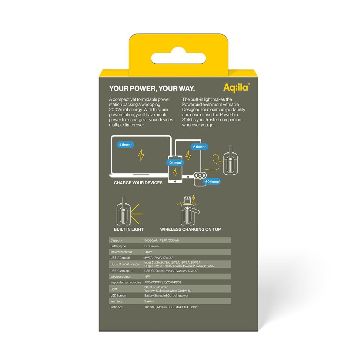 Powerstation Aqiila Powerbird S140 med 54000 mAh och 200Wh, laddar enheter trådlöst och via kabel, med inbyggd ficklampa.