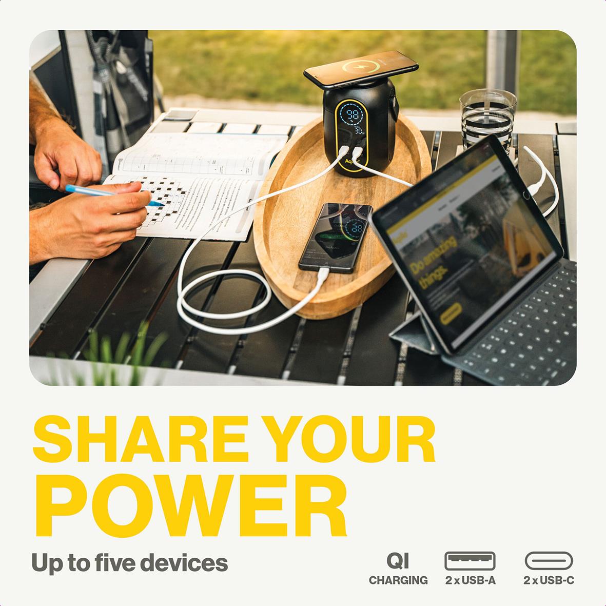 Powerstation Aqiila Powerbird S140 med 54000 mAh och 200Wh, laddar upp till fem enheter samtidigt, på ett bord med olika elektroniska enheter