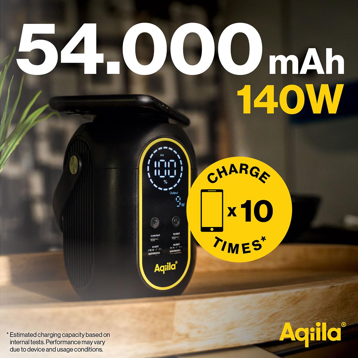 Powerstation Aqila Powerbird S140 med 54000 mAh och 200Wh, laddar 10 gånger, svart med digital display och gul accenter