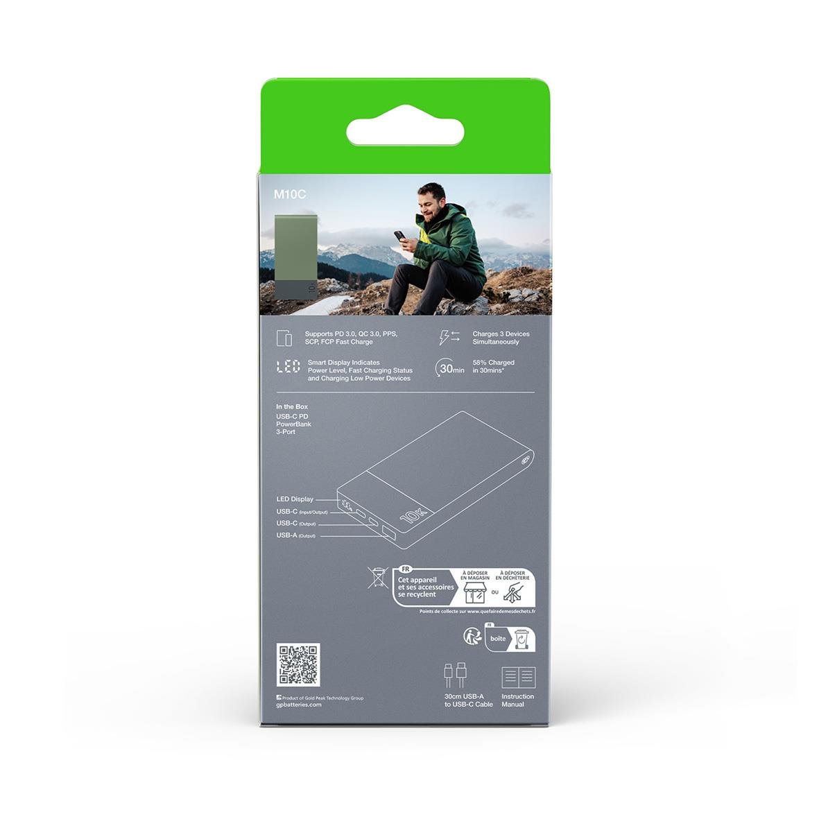 Grön Powerbank GP M2+ 10000mAh i förpackning med bild av person som använder den