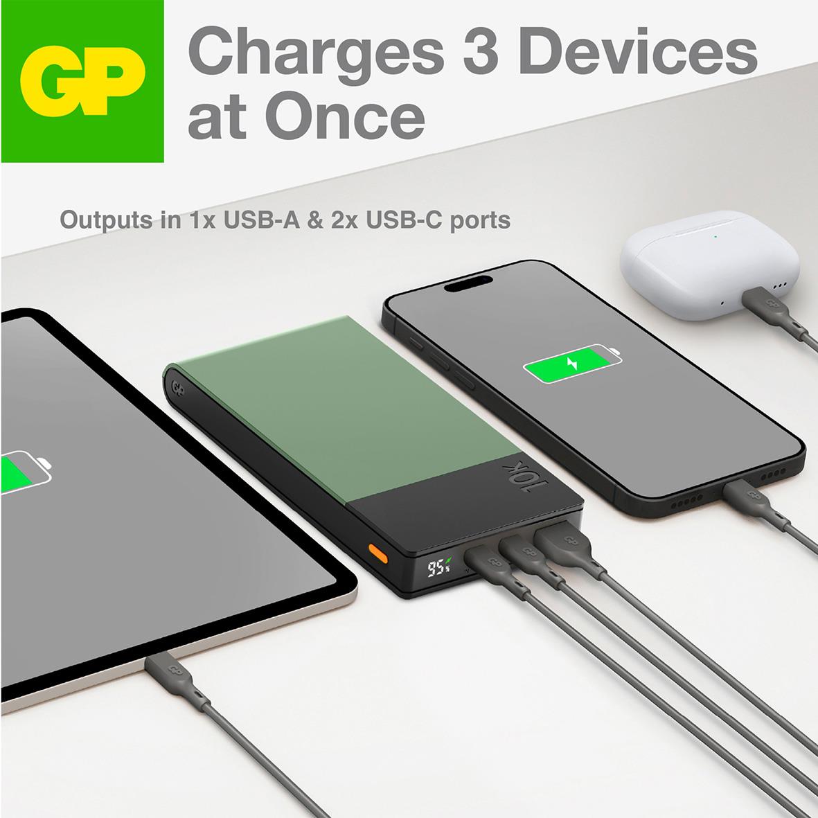 Powerbank GP M2+ 10000mAh i grönt laddar tre enheter samtidigt med USB-A och USB-C-portar