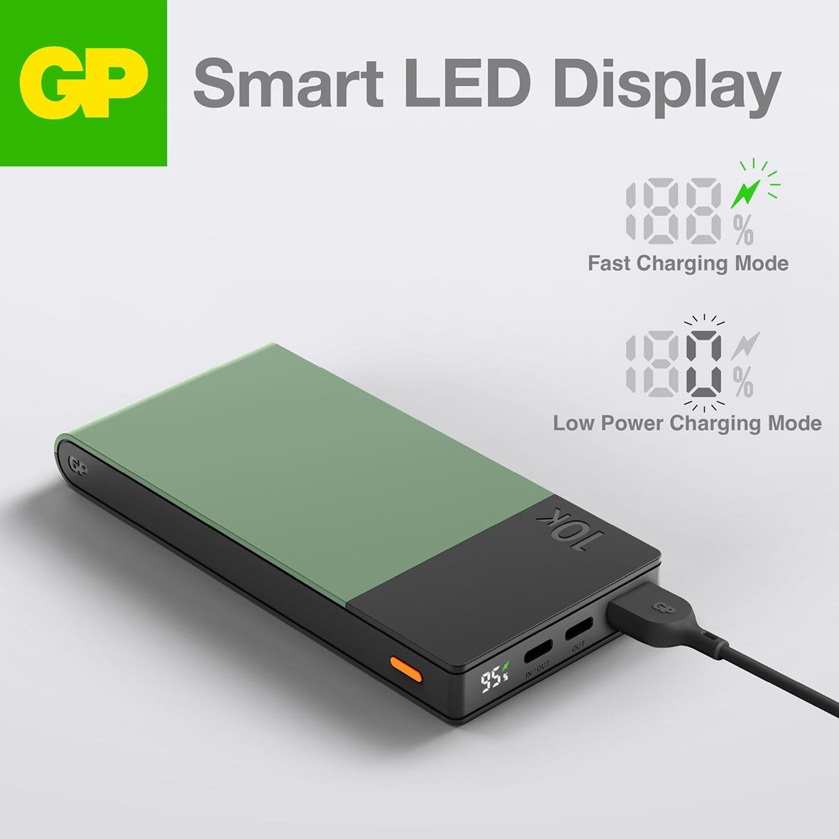 Powerbank GP M2+ 10000mAh i grönt med smart LED-display och laddningsindikatorer
