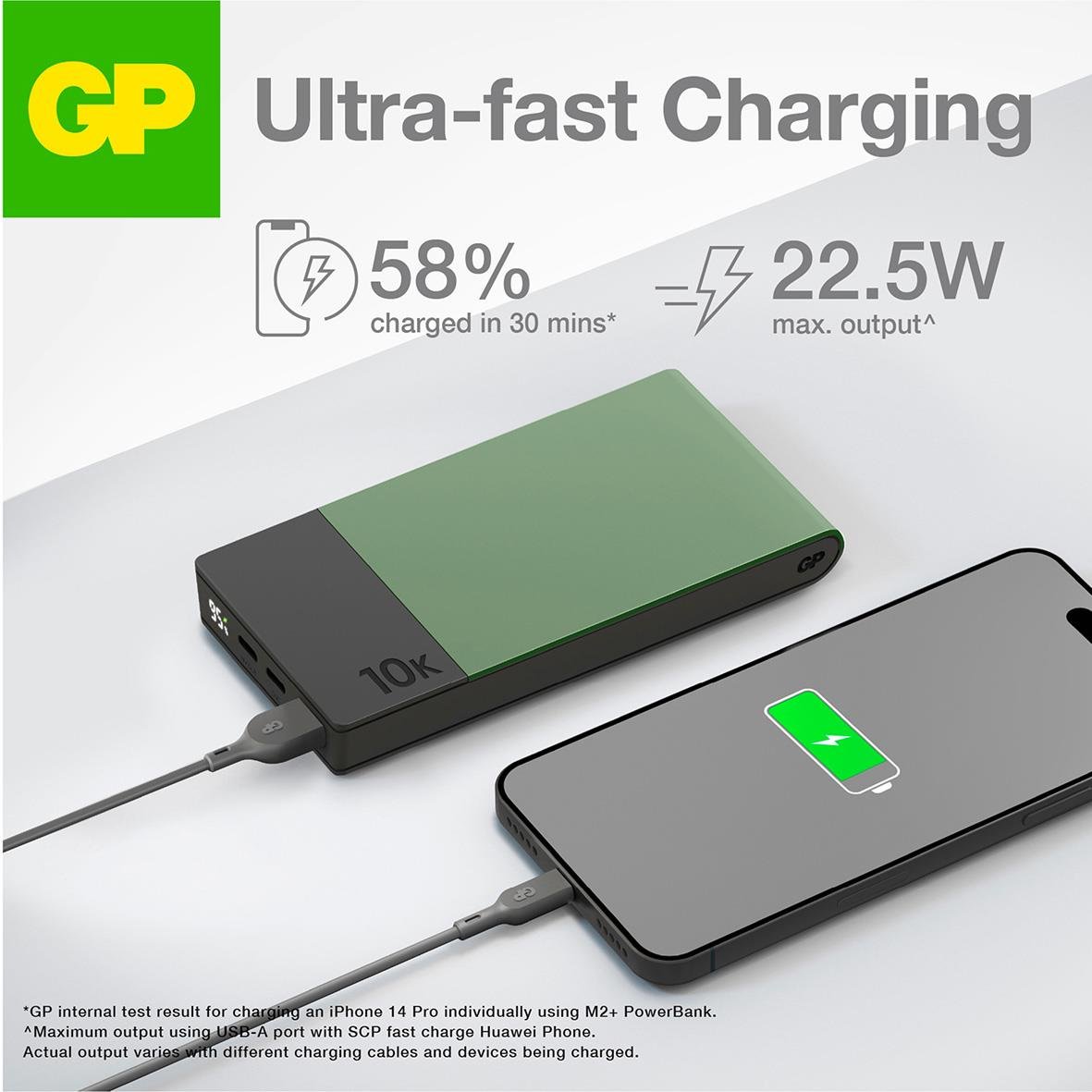 Grön Powerbank GP M2+ 10000mAh med snabb laddning och 58% batteri