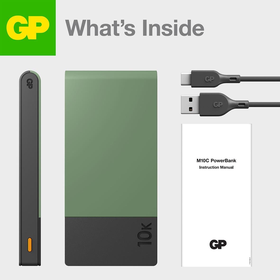 Grön powerbank GP M2+ 10000mAh med USB-kablar och manual