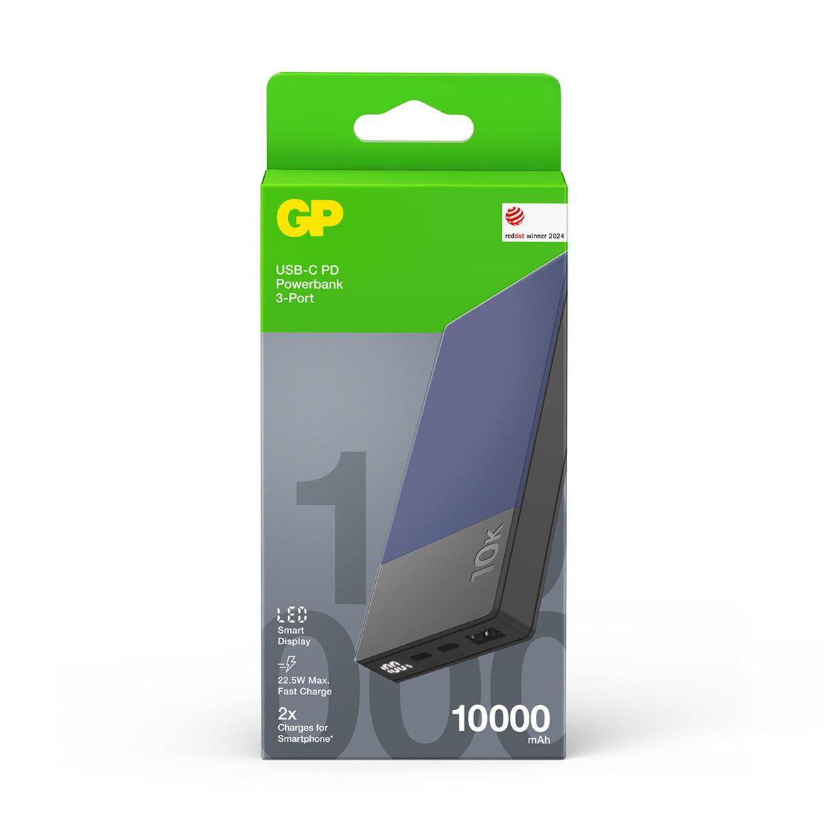 Blå GP M2+ powerbank med 10000mAh kapacitet i förpackning